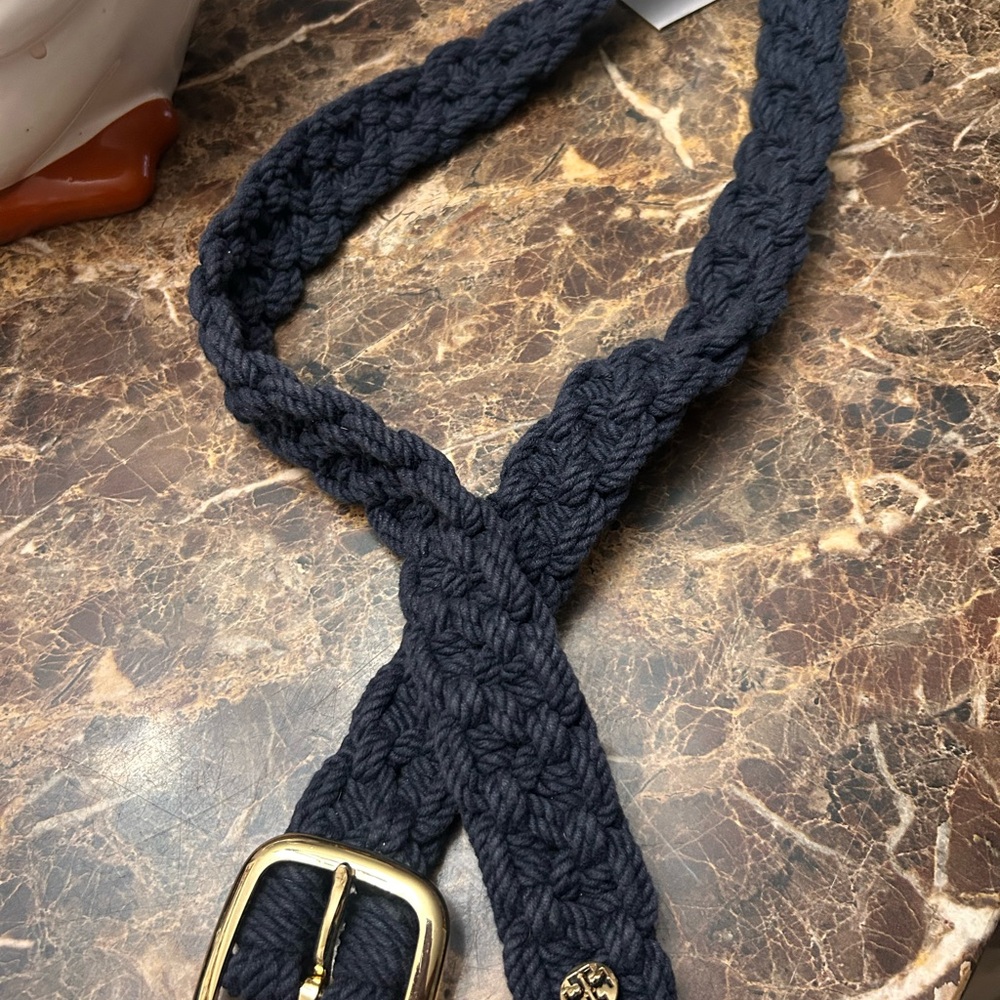 Tory Burch Dark Blue Braided Belt with Gold Buckle